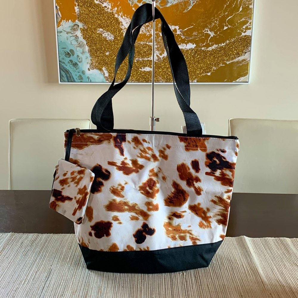 Cow print vinyl tote with matching small zipper pouch NWT